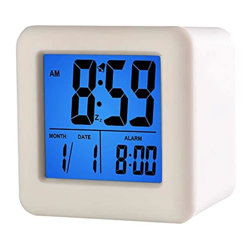 Image of Plumeet Digital Travel Alarm Clock, Easy to Set with Snooze Mode, Soft Night Light, Large Time, Month, Date and Alarm Display, Rising Sound Alarm (White)
