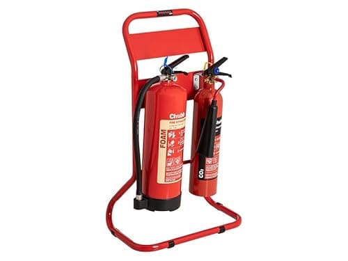 Image of The Workplace Depot Twin Fire Extinguisher Stand – Holds 2 Extinguishers (2‑9kg), Chrome or Red Powder-Coated Tubular Steel Frame, Tool-Free Assembly – Office, Warehouse & Showroom Safety (Red)