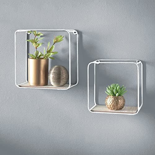 Image of HOMION Display Wall Shelf Loft Wire Shelf - Set of 2 (small & Medium) Square - White Metal Frame and Wood Effect (White)