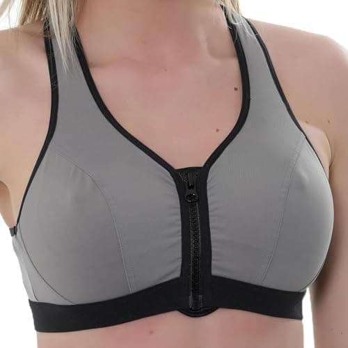 Image of Vitality Care Women High Impact Sports Bra Full Coverage Front Zip Non-Wired Plus Size 38E Grey