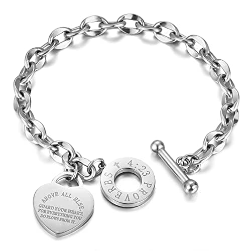 Image of Emibele Heart Initial Bracelets, Engraved Bible Verse Proverbs 4:23 Bracelet Chains with OT Toggle Clasp Bracelet Link Chains for Women Teen Girls, Dainty Link Chain Bracelet Heart Pendant, Silver