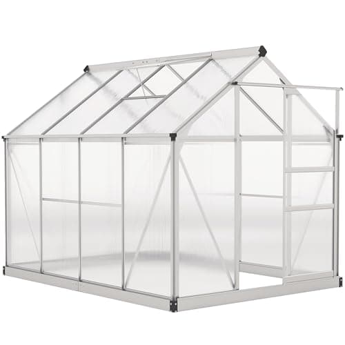 Image of Outsunny 6 x 8ft Polycarbonate Greenhouse, Large Walk in Green House with Slide Door and Window, Garden Plants Grow House with Aluminium Frame and Foundation, Silver Tone