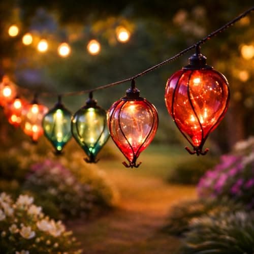 Image of Festive Lights - 2.7m Multi Coloured Solar Power Balloon String Lights - 2 Display Modes, 10 Warm White LED Bulbs, Outdoor Decorative Feature, IP44 Rated, Hanging Garden Lighting, 2m Lead Cable