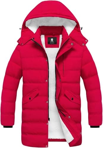 Image of Pursky Men's Long Winter Coat Warm Sherpa Lined Quilted Puffer Jacket Waterproof Thicken Puffy Parka with Hood, Red, X-Large