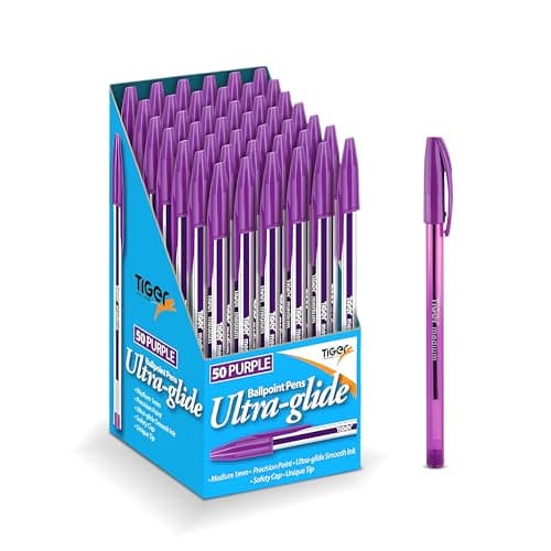 Image of Lotus Pack of 50 Coloured Ink Medium Point Nib Ultra Glide Smooth Ink Precision Ballpoint Pens (Purple, 50 Pack)