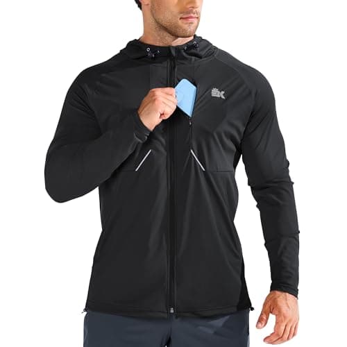 Image of BROKIG Mens Aerolight Running Jacket, Lightweight Gym Tracksuit Hoodies Windbreaker Hiking Hooded Sweatshirts Zip Up (Small, Black)