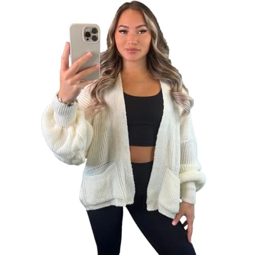 Image of eyes Cream Women's Ladies Oversized Long Cardigan Balloon Sleeve Baggy Boyfriend Chunky Ribbed Open Knitted Maxi Pocket Warm Casual Plain Winter Jumper Sweater Top UK 6-18