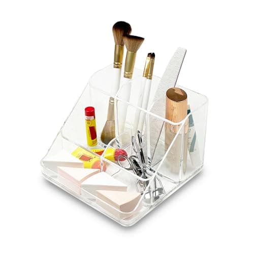 Image of Addis Multi Compartment Clear Acrylic Cosmetic Vanity Office Desktop Stationery Easy Display Organiser For Make Up and Jewellery; Home Office Stationary Desk Storage, Clear Acrylic
