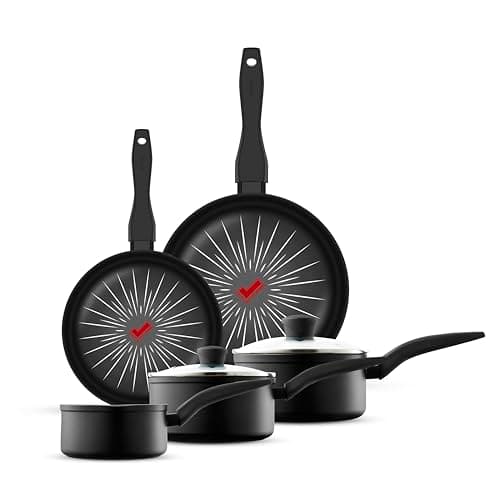 Image of Tower T800304 SmartStart Forged 5 Piece Cookware Set with Easy Clean Aeroglide Non-Stick Coating, 8X Stronger, Oven Safe, Long Lasting, PFOA Free, Black