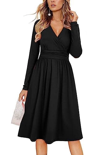 Image of OUGES Women's Fall Long Sleeve V Neck Black Wedding Guest Dress with Pockets Ladies Midi Dress for Winter(Black,XL)