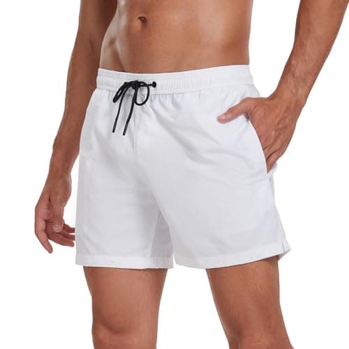 Image of AUFIKR Swimming Shorts Mens Quick Dry with Mesh Lining Swim Short with Pockets Surfing Sport Surfing Board Shorts White