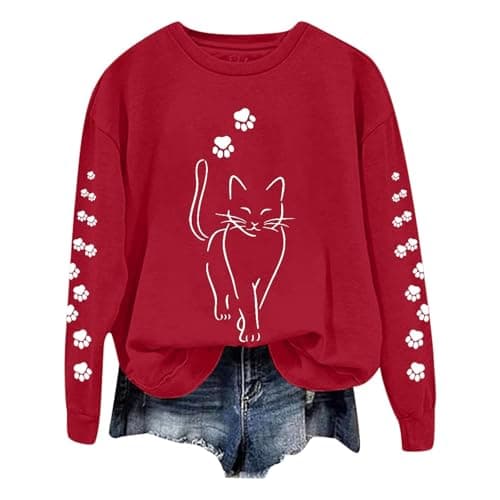 Image of Sweatshirts Women Casual Cute Cat Graphic Printed Long Sleeve Loose Sweatshirts Pullover Sweatshirts Blouse (Red, XL)