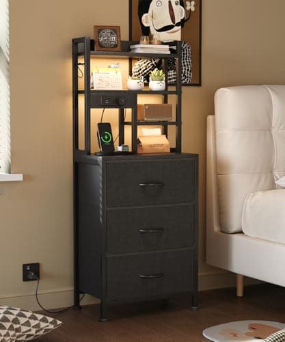 Image of MUTUN Bedside Table with Charging Station and LED Lights, Tall Nightstand with 2 Outlets and 2 USB Ports, Sofa Table with 3 Fabric Drawers and Bookshelf for Living Room, Bedroom, Office (Black)