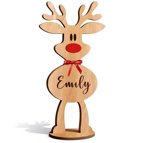 Image of EDSG Personalised Christmas Decorations Sign, Wooden Reindeer Christmas Table Decoration Place Name, Xmas Ornament Table Place Name Card Setting Decoration Family Gifts (Small)