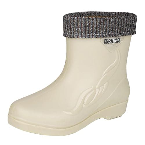 Image of LOIJMK Wellington Boots Women's Lined Rain Boots Winter Ankle Boots Rain Shoes Rain Boots Waterproof Work Shoes Half Height Garden Boots Slip-On Boots Rubber Boots Winter Boots, White, 5 UK