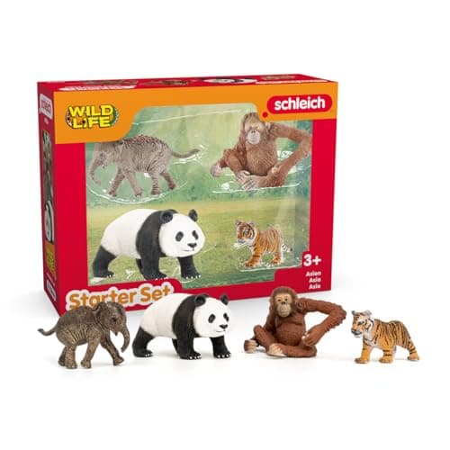 Image of SCHLEICH Wild Life Asia Starter Set – 4-Piece Miniature Wildlife Animal Set for Ages 3+, Featuring Elephant Calf, Giant Panda, Orangutan, and Tiger Cub