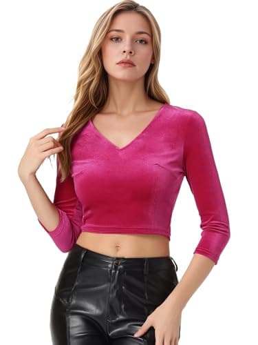 Image of Allegra K Women's Velvet Blouse V Neck Long Sleeve Saree Crop Top Hot Pink M