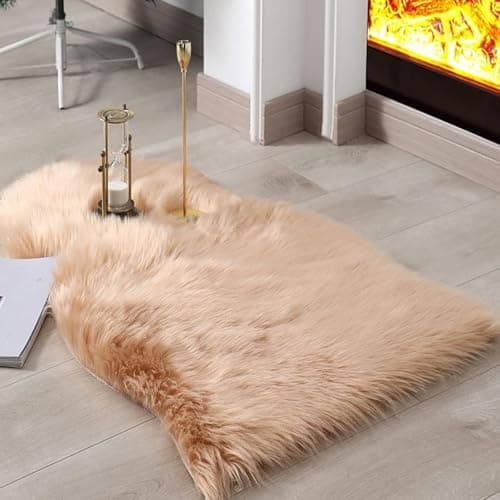 Image of Ruedong Faux Fur Rug Light Brown 60x90 cm, Ultra Soft Fluffy Sheepskin Rug for Bedroom Sofa Throw Cushion Room Décor