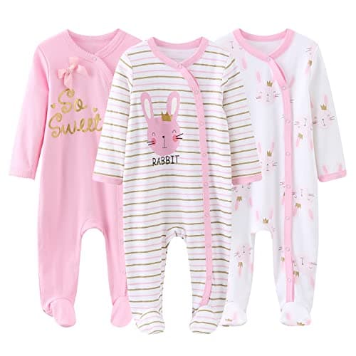 Image of MAMIMAKA Newborn Baby Girls Footed one-Piece Pajamas Cotton Pink Jumsuit for Play and Sleep,3-6 Months