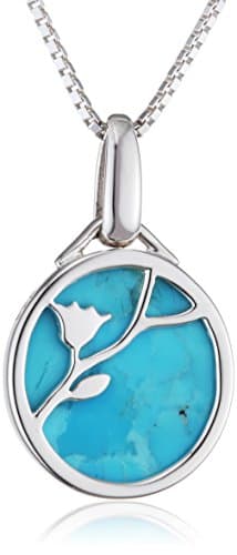 Image of Elements Silver P3346T Ladies' Turquoise Disc Flower Pattern Sterling Silver Pendant with Chain of 46 cm