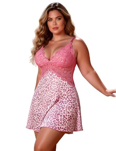 Image of ohyeahlady Womens Plus Size Lingerie Leopard Print Babydoll Nightwear Lace Trim Chemises Negligees V Neck Sleepwear Outfits Sexy Nightgown Pink Leopard Size UK 20-22
