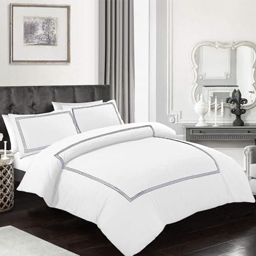 Image of My home store Embroidered Duvet Cover Hotel Quality 200TC Bedding Set Soft Breathable 100% Poly Cotton Quilt Cover with Pillowcases (Bratta Stitch White/Navy, King)