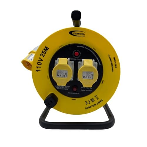 Image of 110V Cable Reel - 25m Heavy Duty Extension Lead - 1.5mm Extension Cable, 2X 16A Sockets, Thermal Cut Out, IP44 Plug, Power Indicator, Carry Handle - Power Tool for Industrial & Construction Site Use