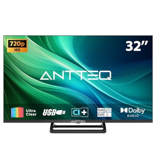 Image of Antteq 32 Inch TV, Central Stand Design TV 720P Freeview HD Dolby Audio DVB T2/S2 LED Television, HDMI USB Media Player Monitor PS5 Xbox, Standard Nonsmart TV Small Screen for Bedroom Kitchen Black