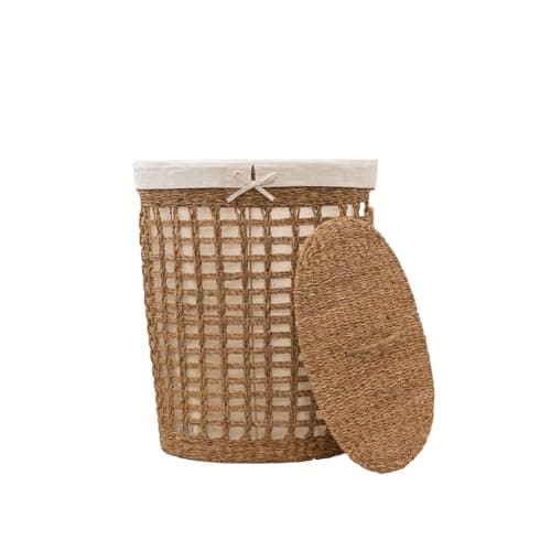 Image of Arthur Cameron – Bhodra Oval Seagrass Laundry Basket with Lid & Cotton Lining – This Basket with Removable Liner is Perfect as a Round Laundry Hamper for Bathroom (Large)