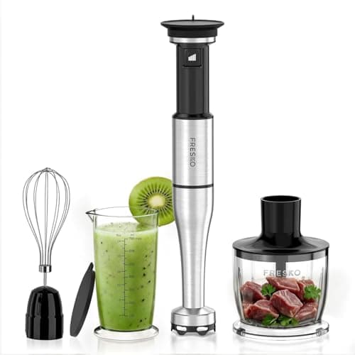 Image of FRESKO Hand Blender Set, 1000W Stainless Steel Blending Shaft including Whisk, 500ml Chopper, Measuring Cup with Lid & Protective Cover – Variable Speeds for Smoothies, Soup, Baby Food (Black Silver)