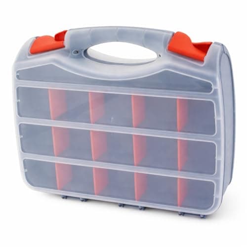 Image of Double-Sided Plastic Storage Organiser Box with Handle – 15 Compartment Tool & Hardware Storage Case (31 x 26 x 7.5 cm)