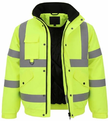 Image of SBZ Hi Vis Waterproof Bomber Jacket Safety Workwear High Viz Visibility Security Concealed Hood Fluorescent Flashing Hooded Padded Waterproof Coat (UK, Alpha, 4XL, Regular, Regular, Yellow)