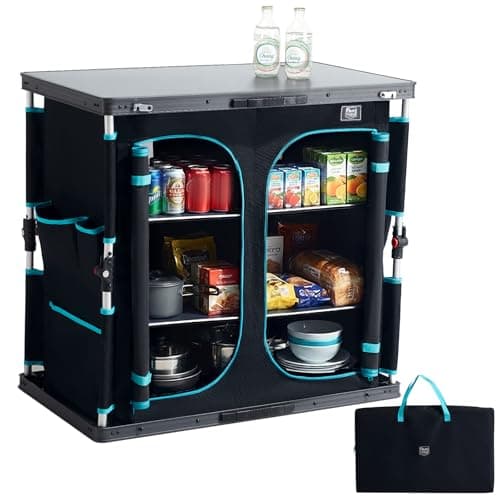 Image of TIMBER RIDGE Camping Cupboard Storage Unit, Pop Up Folding Camping Kitchen Unit, Portable Outdoor Furniture with 6 Storage Compartments & Large Tabletop, Aluminum Frame for Picnic Garden BBQ Party