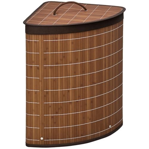 Image of HOMCOM Bamboo Laundry Basket with Lid, 55 Litres Laundry Hamper with Removable Washable Lining, Corner Washing Baskets, 38 x 38 x 57cm, Brown