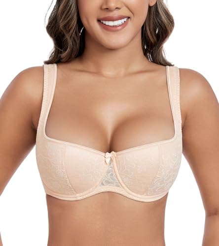 Image of DotVol Women's Lightly Padded Balconette Bra Lace Demi Balcony Push Up Underwired Bralette(Beige#1,38C)