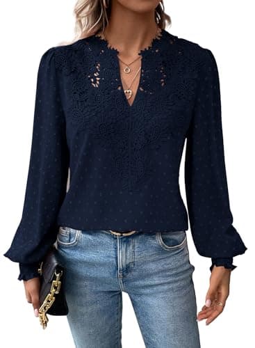 Image of TUUHAW Navy Blue Tops for Women UK Solid Flowy Blouse for Women Dressy Ruffle Long Sleeve Bohemian V Neck Business Smocked Bardot Going Out Tunictop Bubble Hem Fall Peplum Spring Clothes S