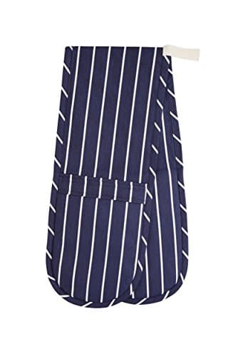 Image of KitchenCraft Double Oven Gloves with 'Butcher's Stripe' Design, Cotton/Polyester, Navy Blue/White, 87 x 18.5 cm