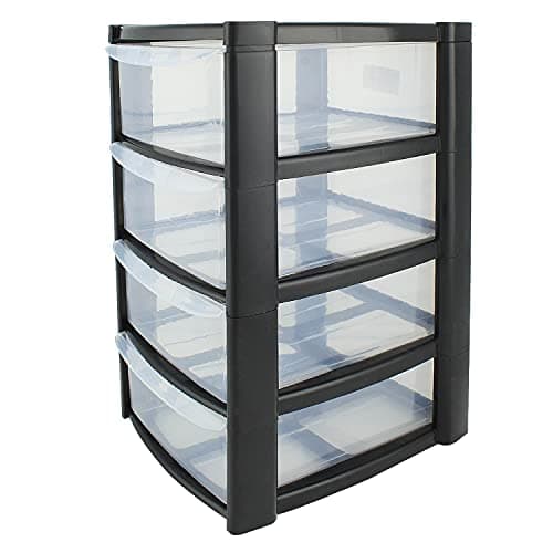 Image of Mini 4 Drawer Plastic Storage Tower - Compact Desktop Organiser with Clear Drawers for Makeup, Toiletries, Stationery - Lightweight & Durable Storage Tower - Pink, Blue or Black, 40x26x19cm (Black)