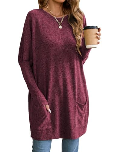 Image of Famulily Long Tunic for Women UK Fall Winter Crew Neck Jumpers with Pockets Ladies Basic Solid Color Sweatshirts Wine L