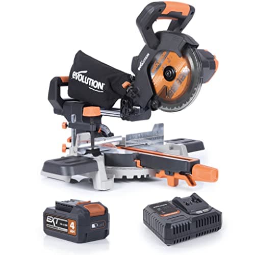 Image of Evolution Power Tools R185SMS-Li Cordless Sliding Mitre Saw, 45° Bevel, 50° Mitre, 850W - Includes 4Ah Battery & Charger, 185MM TCT Blade, 3 Year Warranty, Black/Orange, (064-0001A)