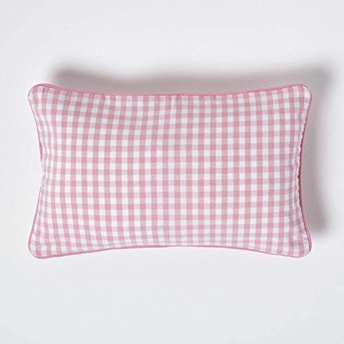 Image of HOMESCAPES - 100% Cotton - Gingham Check - Cushion Cover - 30 x 50 cm Rectangular - 12 x 20 Inches - Pink White - 100% Cotton Sofa Pillow Cushion Cover - Washable