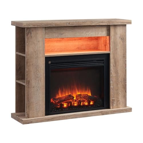 Image of FLAMME 43" Lipson Electric Fireplace Suite Rustic Light Oak Colour with Storage Shelves Includes 2000w Heater with Glass Fronted Flame Effect, Remote Control