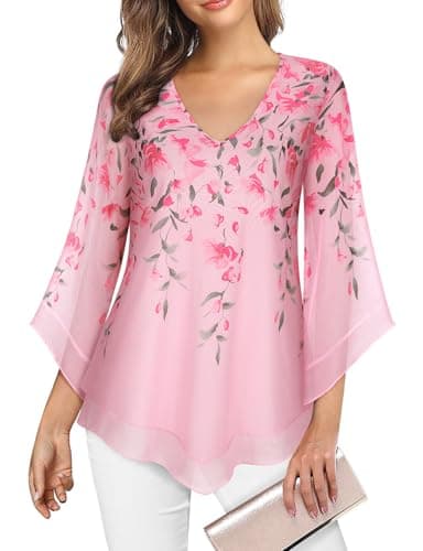 Image of Gemulate Pink Tops for Women UK Long Blouses for Women UK Elegant Evening Ladies Three Quarter Sleeve Top Loose Ladies Blouses Loose Flowy V Neck Chiffon Top Double Layers Mesh T Shirts Pink Floral M