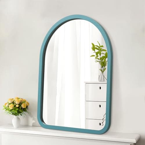 Image of HLFMVWE Arched Wall Mirror Rustic Wood Framed Mirrors Decor Hanging Mirror for Bathroom Bedroom Balcony Farmhouse Living Room Entryway Vanity 65 × 45 CM