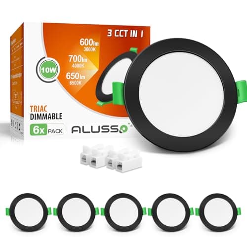 Image of ALUSSO Ultra Slim 10W Dimmable LED Downlights, 700LM Recessed Ceiling Lights, 3000K-6500K Adjustable, 30MM Height Black for Bathroom, IP44 Spotlights, 6 Pack