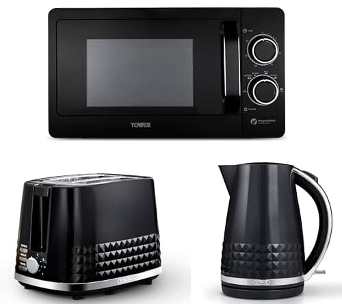 Image of Tower Solitaire Black 1.5L 3KW Jug Kettle, 2 Slice Toaster & T24042BLK 800W 20 Litre Manual Microwave. Matching Modern Design Kettle, Toaster & Microwave Set in Black