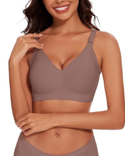 Image of WOWENY Non Wired Bras for Women with Support Padded Seamless Wireless Tshirt Bra Soft V Neck Bralette Comfy Everyday Bustier Coffee, XL