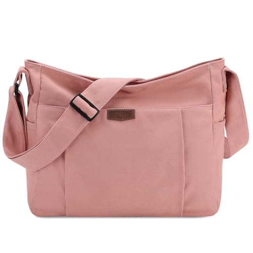 Image of Kasgo Canvas Messenger Bag, Large Lightweight Crossbody Shoulder Bag Casual Laptop Satchel Hobo Bag Tote for Women Men College Work Travel, Pink