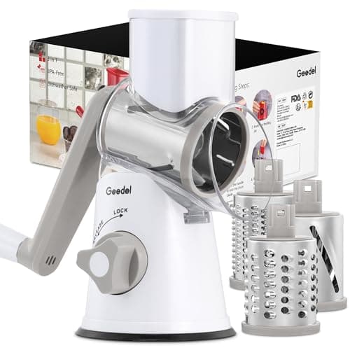 Image of Geedel Rotary Cheese Grater, Vegetable Slicer, Kitchen Grater for Fast and Easy Cutting, Rotary Drum Grater Ideal for Cheese, Veg, Nuts, Chocolate, etc. (3 Blades) White Grey, 10.24 x 4.92 x 9.37in