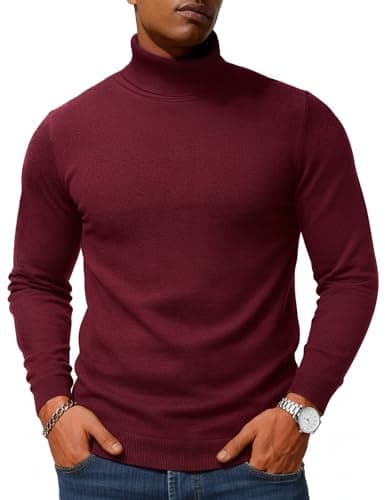 Image of TACVASEN Mens Turtle Neck Jumper Causal Ribbed Knitted Sweaters High Roll Neck Jumper Winter Thermal Pullover Wine Red,S